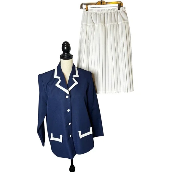 Nancy II Vintage Navy Blue White Pleated Skirt Suit Set Nautical Preppy 10P - Picture 2 of 14